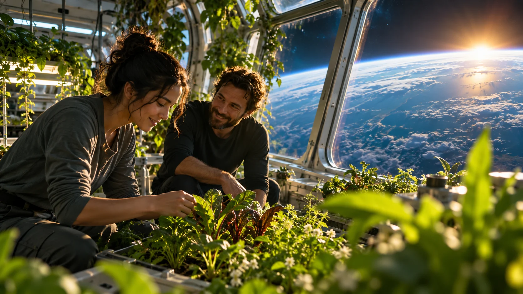 Two scientists tending plants in an orbital conservatory above Earth